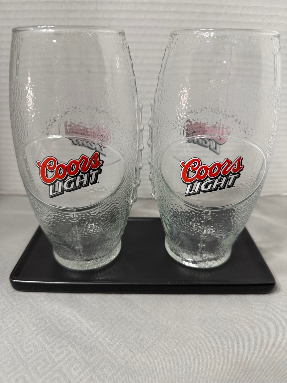 Vintage Coors Light Pint Football Shaped Clear Textured Glasses Set of 2 7” Tall
